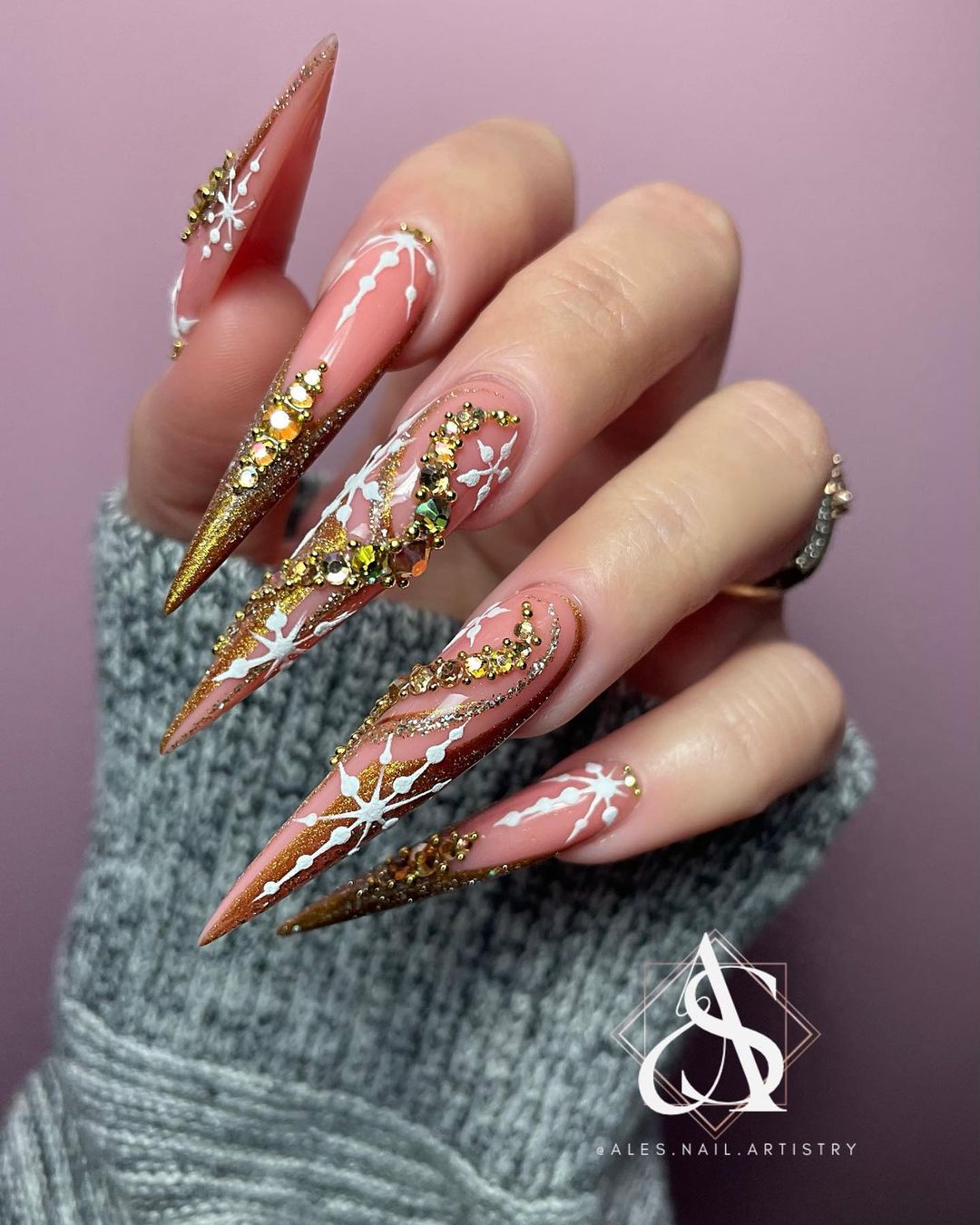 Stiletto Nails with 3D Gold Design