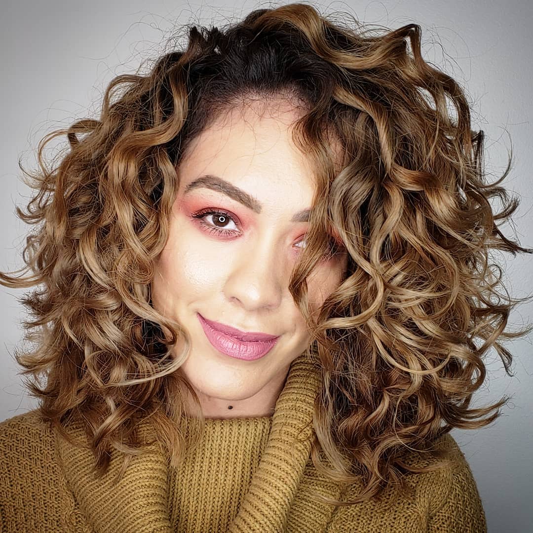 Caramel Curly Lob With Layers