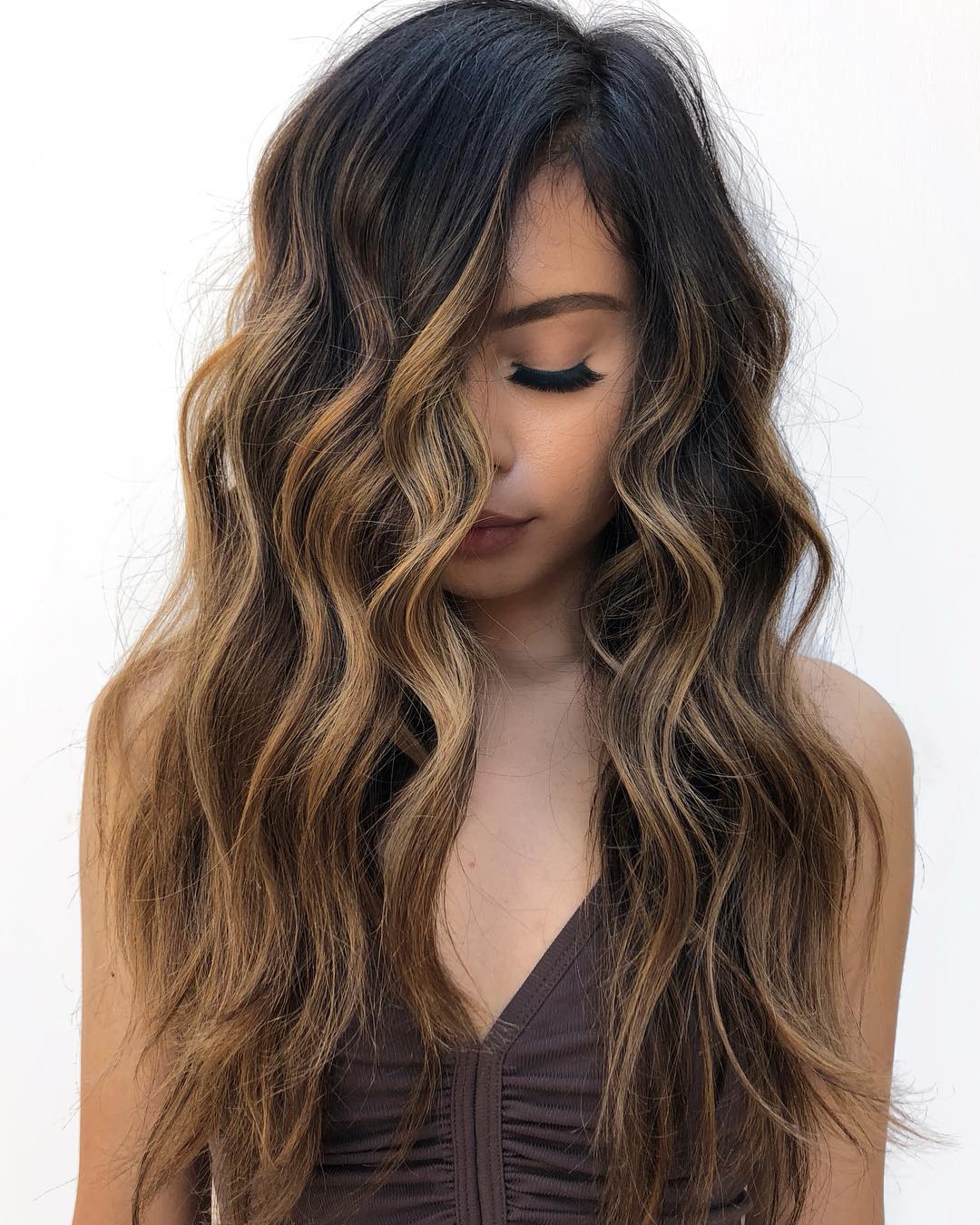 Long Black Hair With Bronze Balayage