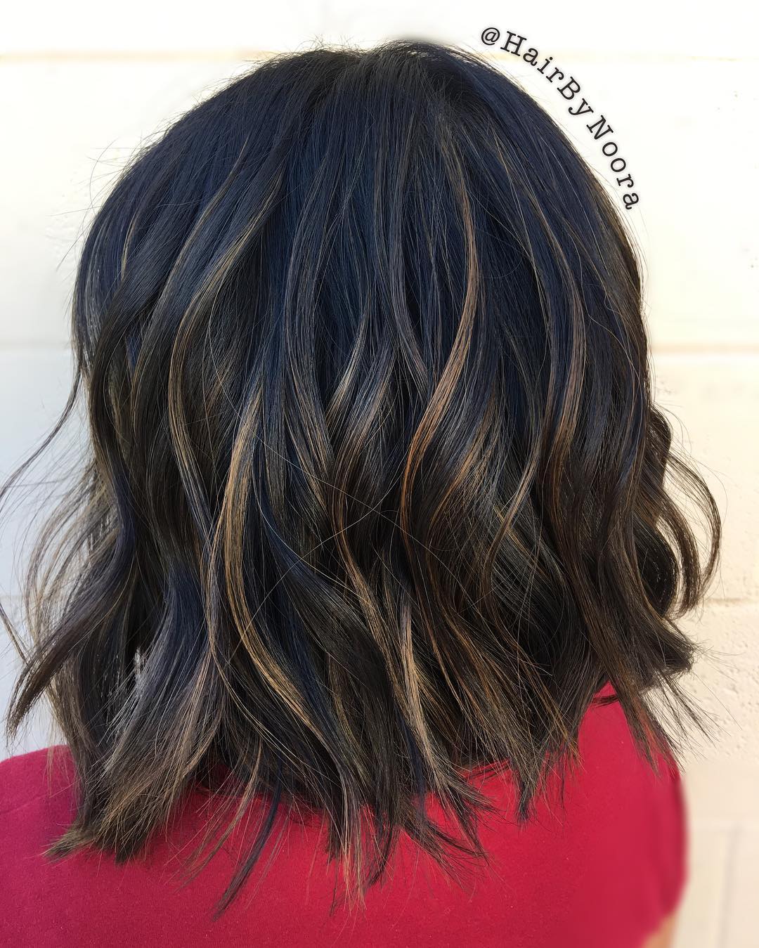 Black Choppy Lob With Brown Highlights