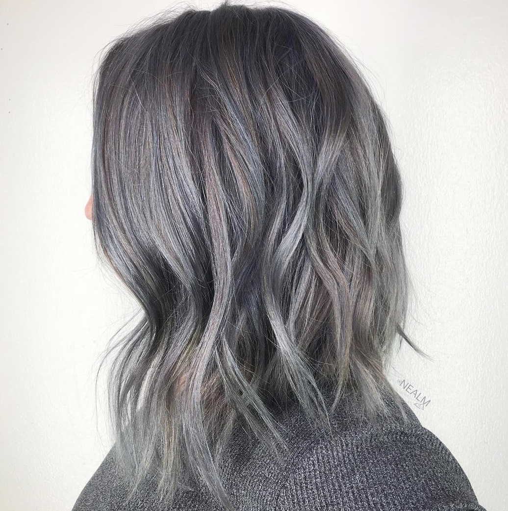 Gray Wavy Lob With A Purple Tint