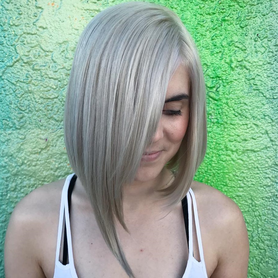 Sleek Steeply Angled Ash Blonde Bob