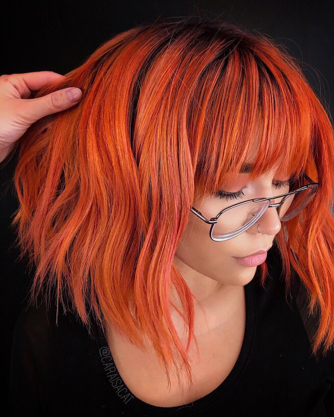 Tangerine Choppy Lob With Straight Bangs