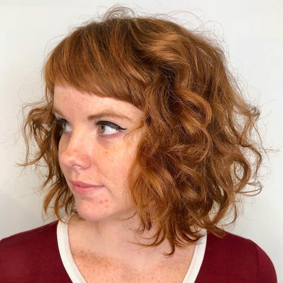 Curly Copper Red Bob With Cropped Bangs