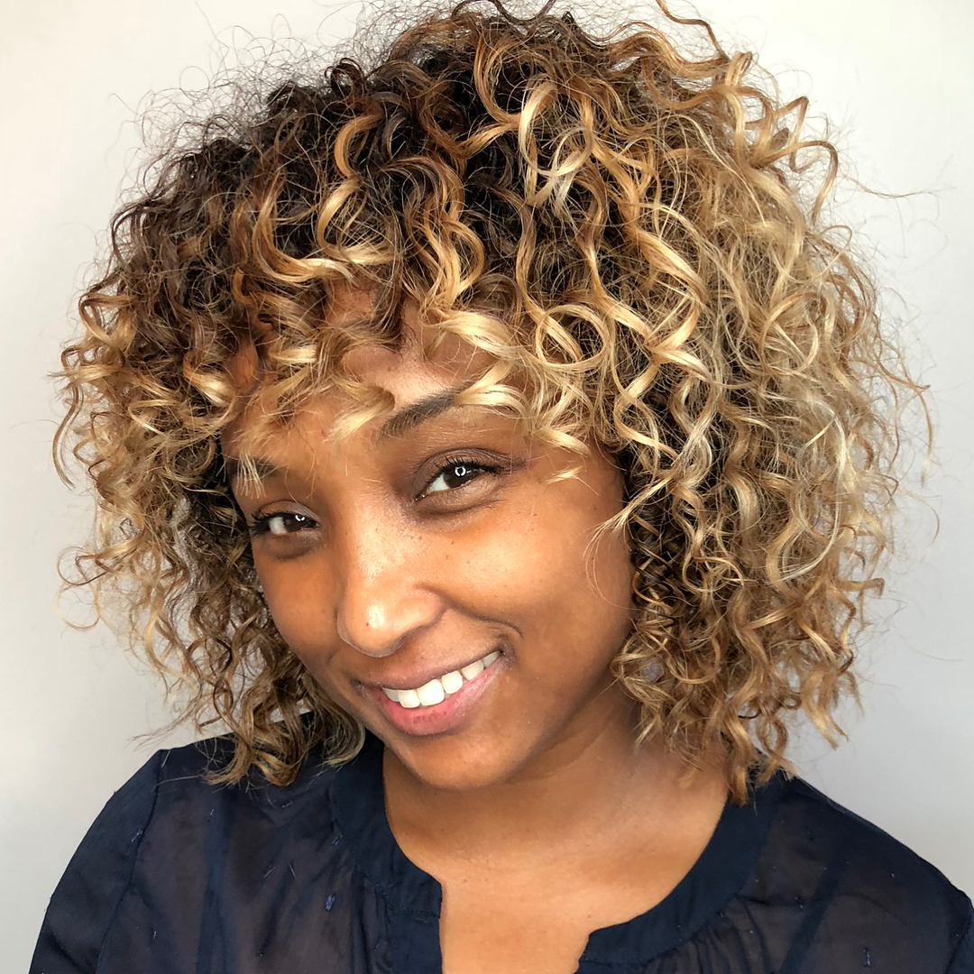 Wavy Bronde Bob With Curly Bangs