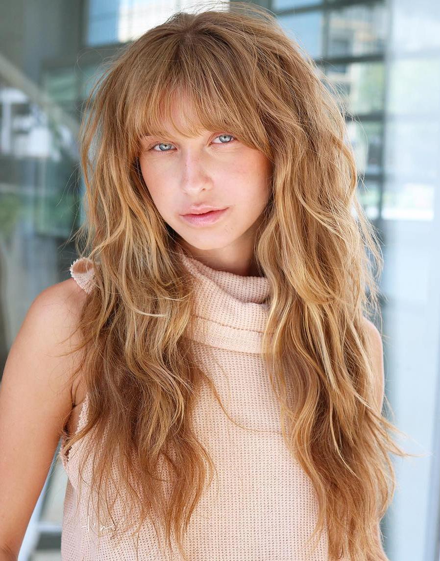 Long Caramel Blonde Shag With Bangs