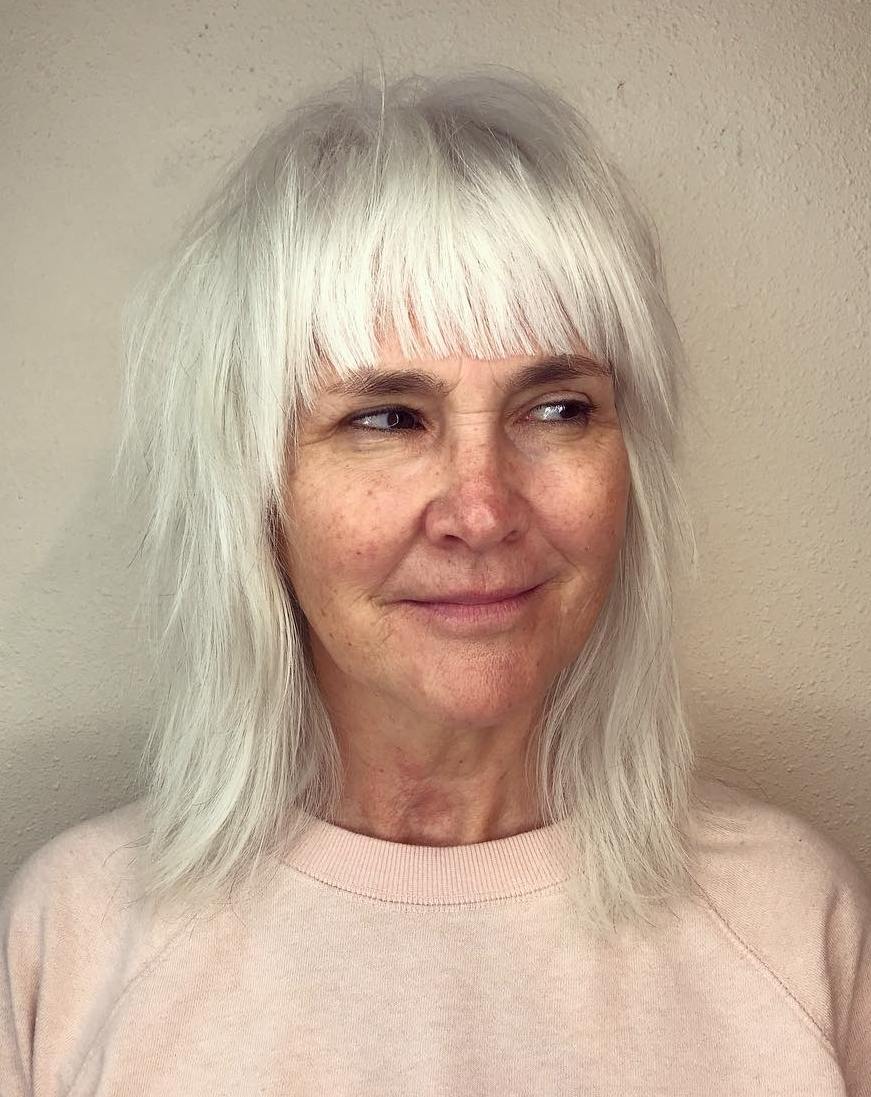 Over 50 Silver Shag Haircut With Bangs