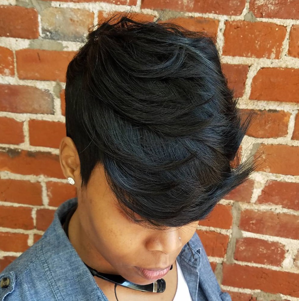 Short Raven-Black Feathered Weave Hairstyle