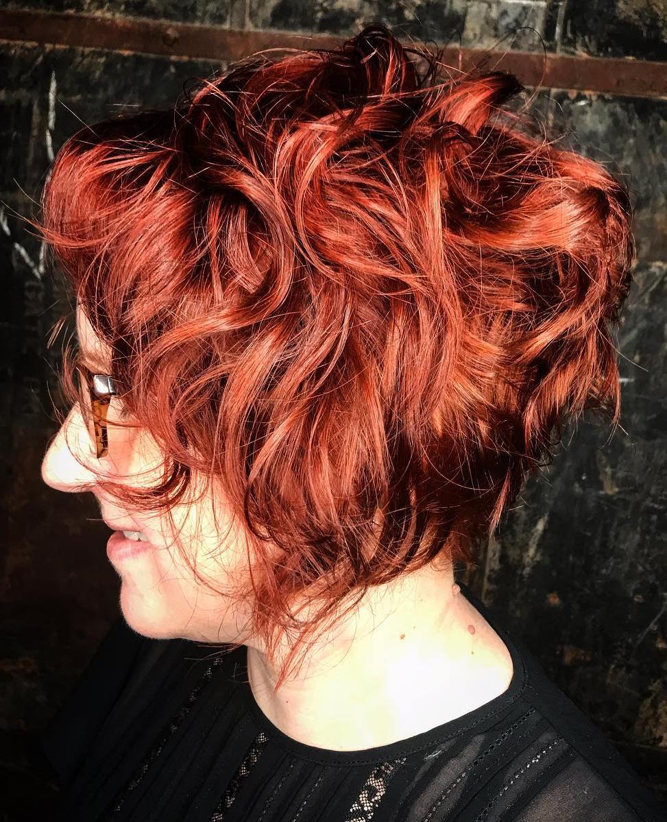 Messy Stacked Rusty Red Bob Cut