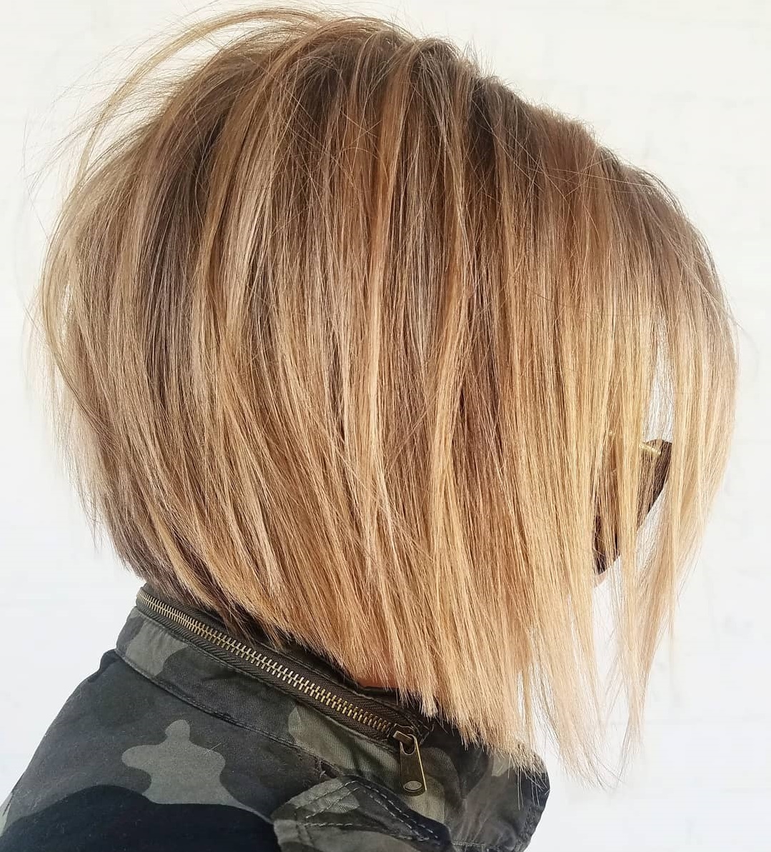 Tousled Angled Caramel Blonde Bob